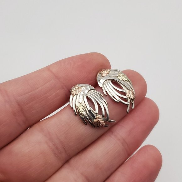 925 Sterling Silver CCO 12k Gold Leaf Accent Angel Wing Earrings - Picture 2 of 6